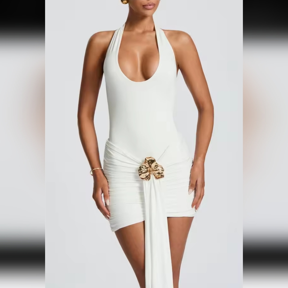 Metal Flower Draped Ruched Sexy MiniDress Women Robe Fashion Halter Backless - Picture 7 of 8